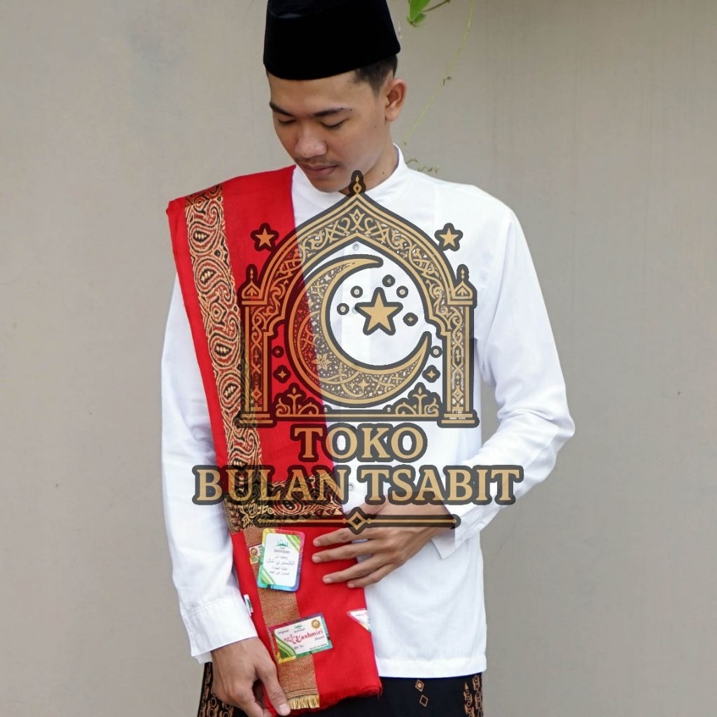 Sorban Kashmiri Almas Motif Merah Lis Gold - Sorban Kashmiri Kualitas Terbaik - Sorban Haji Muslim