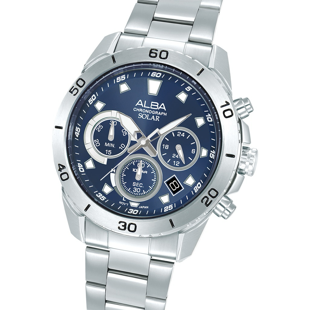 JAM TANGAN ANALOG PRIA ALBA AZ5013X1 / AZ5013 / AZ5013X SOLAR CHRONOGRAPH BLUE DIAL STAINLESS STEEL 