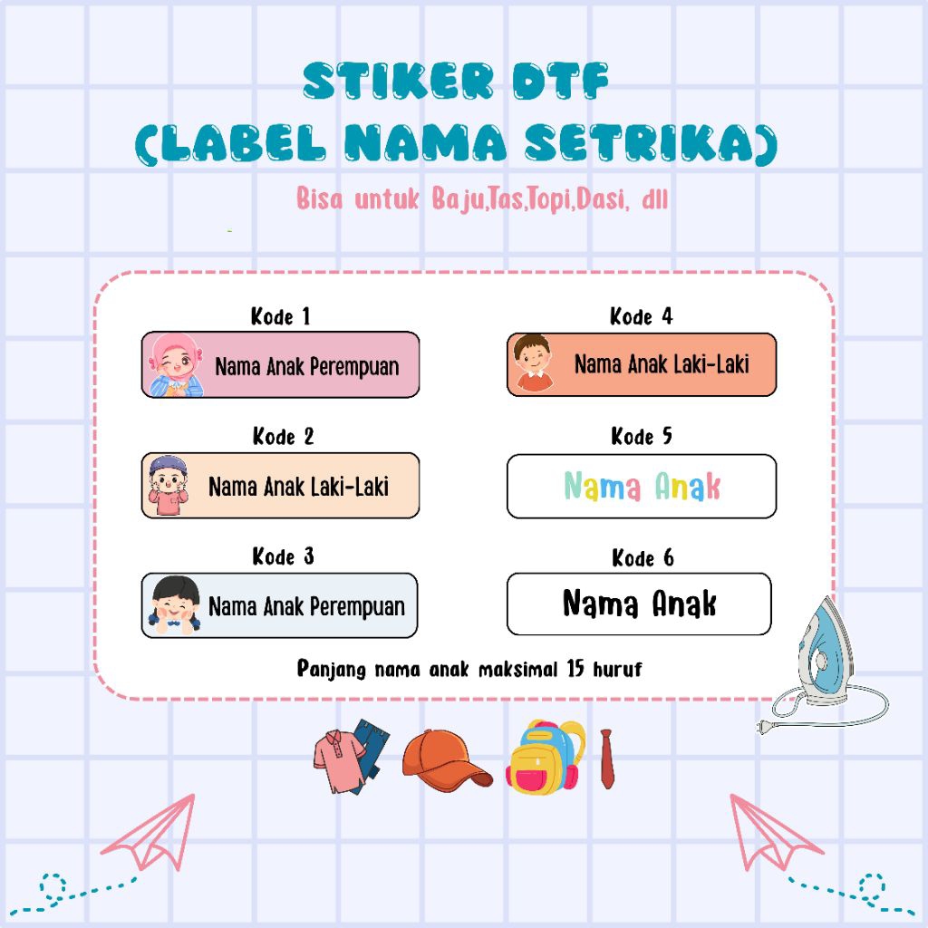 

Stiker DTF Label Nama Anak | Bisa Custom Nama untuk Baju, Tas, Perlengkapan Sekolah