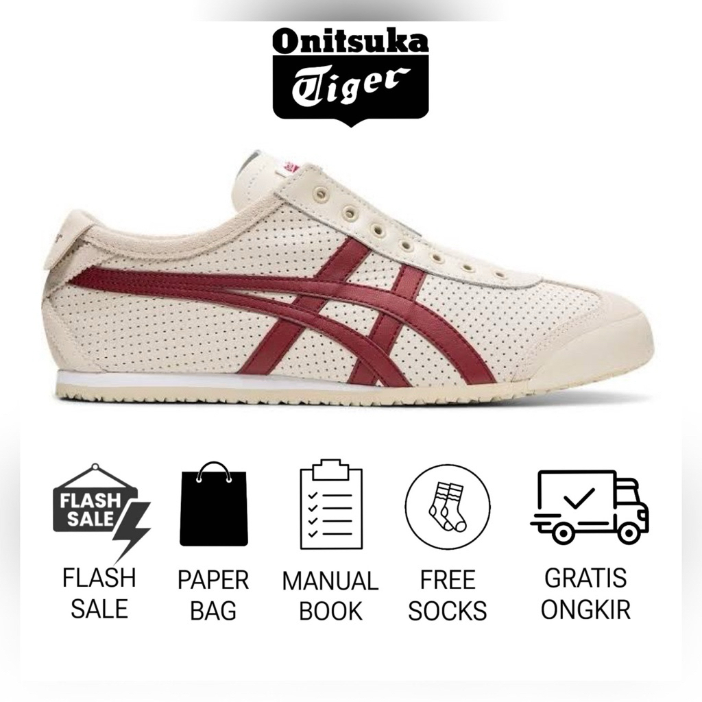 Sepatu Mexico 66 Slip on Leather Cream Maroon Sepatu Pria/Sepatu Wanita/ Sepatu Sneakers