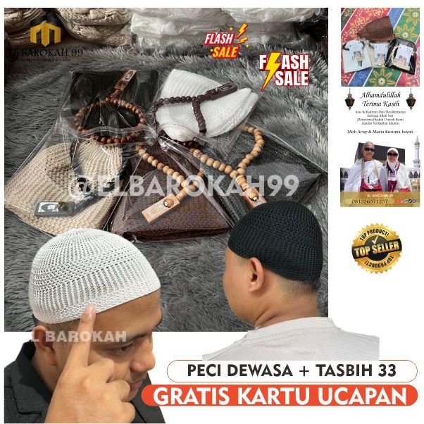 ELBAROKAH99 [ Bisa Reques Ucapan ] Peci Tasbih Sauvenir Tahlilan / Peci Tasbih Souvenir Tahlilan 100