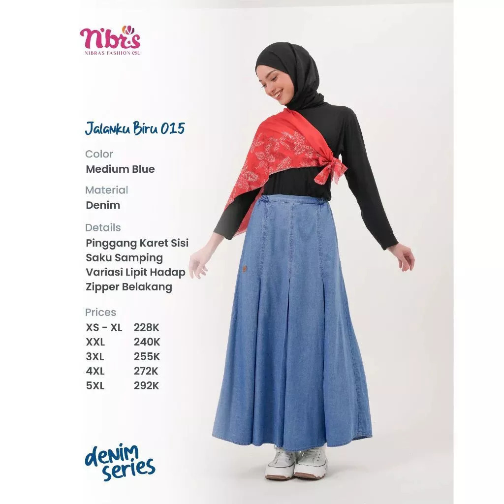 JALANKU BIRU 015 ROK DEWASA DENIM LIPIT FLOWLY BIRU 015 ROK NIBRAS JEANS DENIM BAWAHAN TRENDY BAWAHA