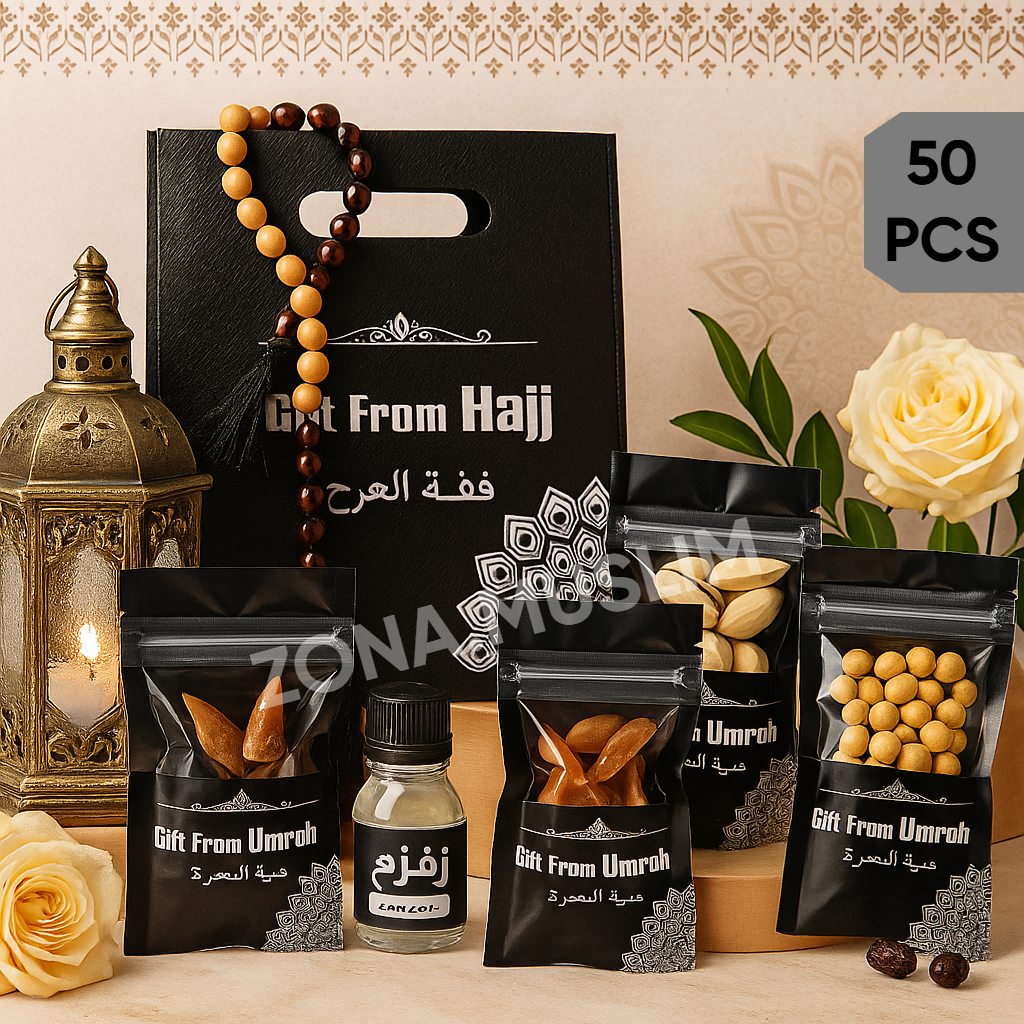 

PAKET OLEH OLEH HAJI DAN UMROH KEMASAN EXCLUSIF 50PCS