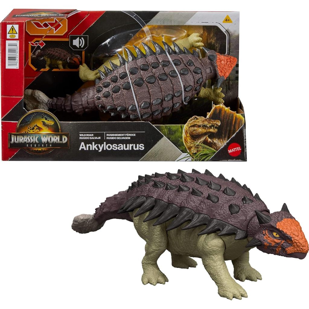 Mattel Jurassic World Rebirth Wild Roar Dinosaur Toy, Posable Ankylosaurus Figure, Tail Controlled H