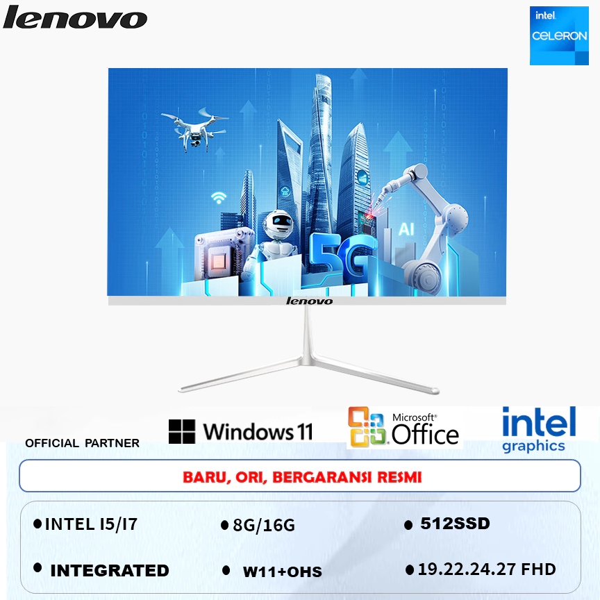 lenovo Komputer Full PC All-in-One 19‘ 24‘  Baru Terbaru HD Super Tipis Intel Core i3/i5/i7 Untuk Ru