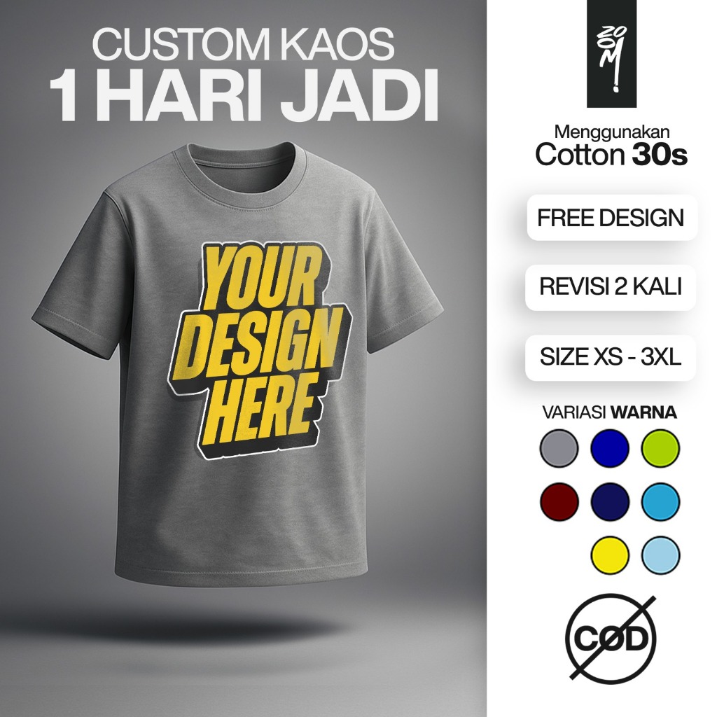 Zoomi Kaos Reguler Custom Desain Bebas Printing DTF Bahan 30s