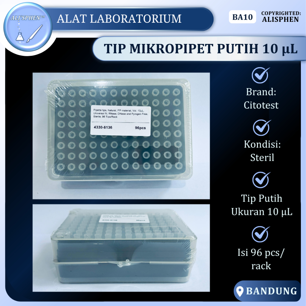 Rack + White Tips | Tips Mikropipet Putih 10 uL | Micropipette Tip 10 uL | Citotest 96 Tips