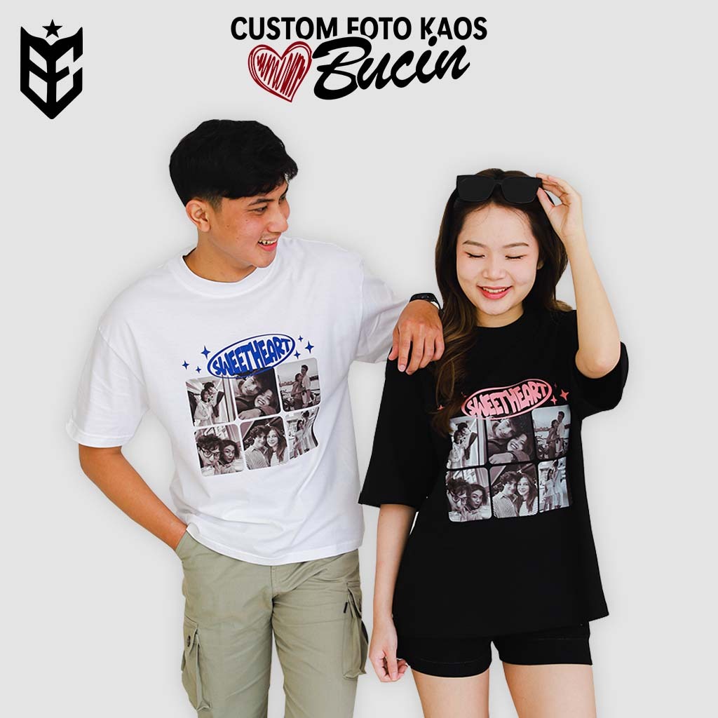 BE INC - Kaos Custom Bucin Sweetheart + Custom 6 Foto T-shirt (Pria & Wanita) - Cotton Combed 24s - 