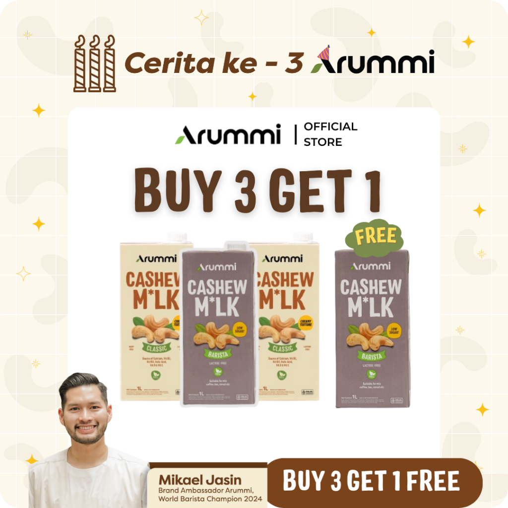 

(Buy 3 Get 1 Free) Arummi Cashew Milk - Mix Budnle Classic & Barista 1Liter - Susu Kacang Mede Lokal Dairy & Lactose Free