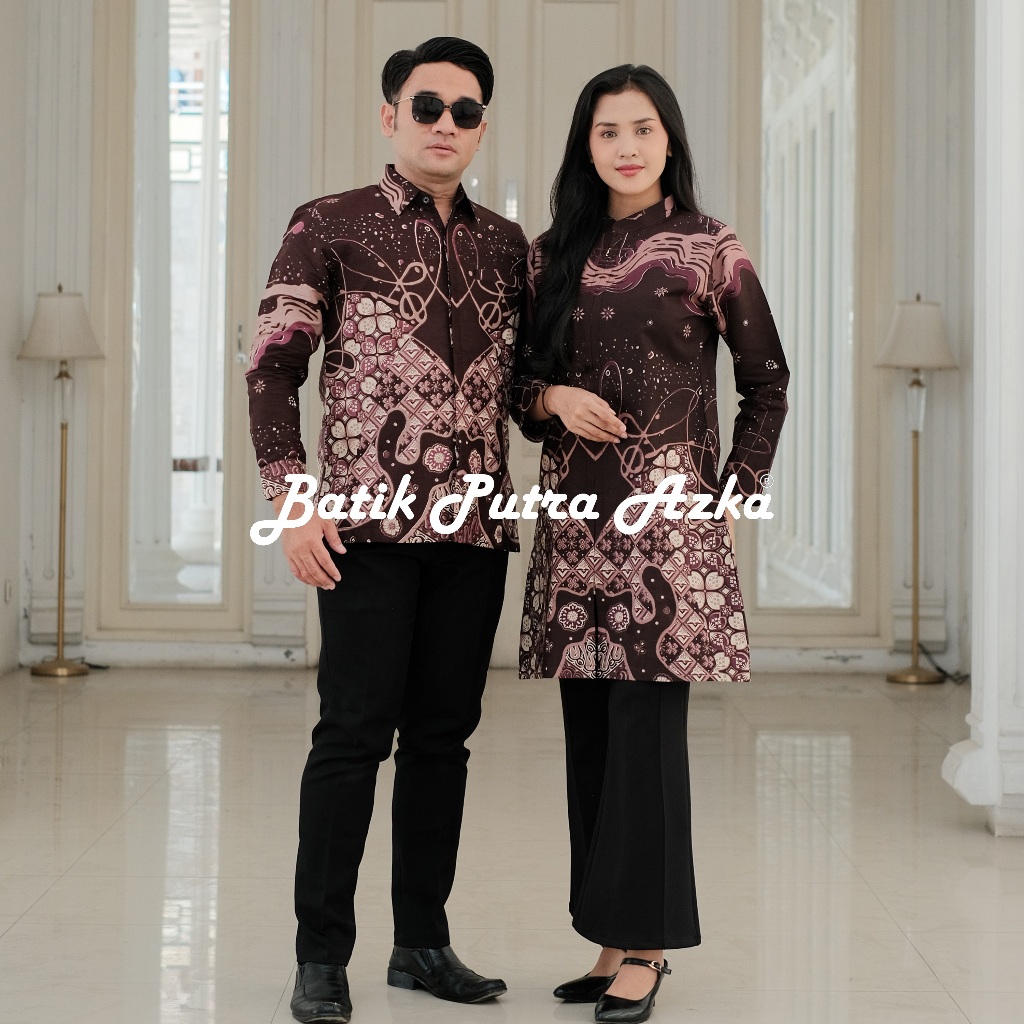 Batik Azka Couple Batik Premium Kemeja Tunik Batik Modern Motif Sankara Warna Coklat