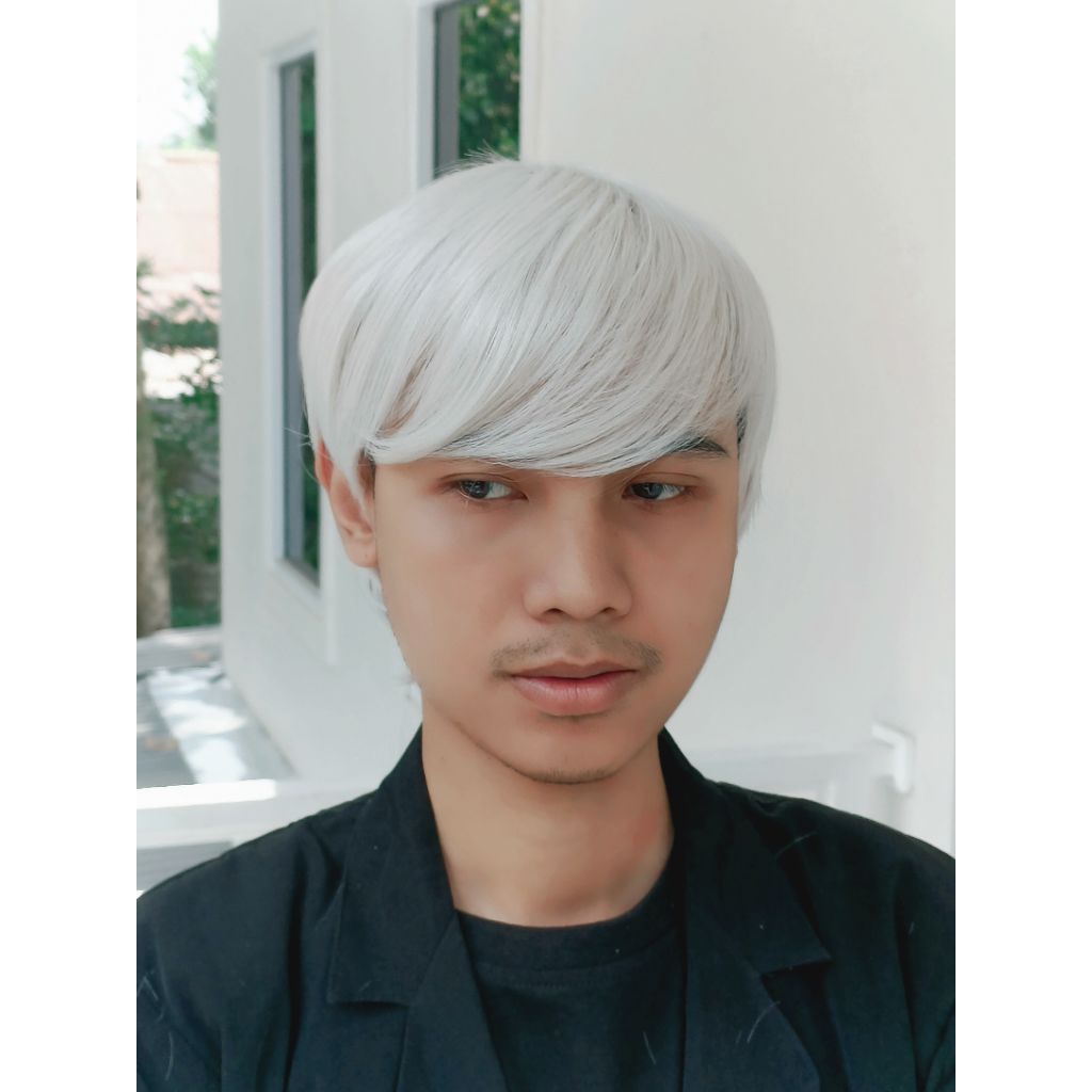 Wig Pria Rambut Pendek Sempong Samping Dengan Poni Warna Putih  Natural Rambut Palsu Pria Korea