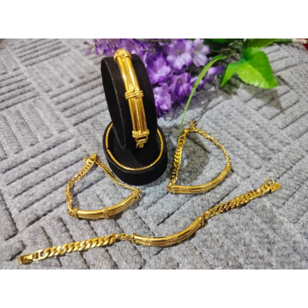Gelang rantai bambu lapis emas 24k
