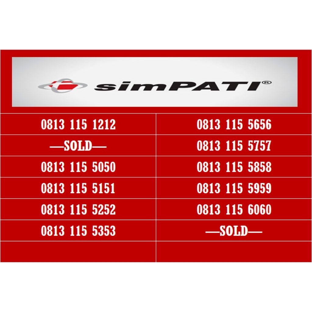 Nomor cantik simpati 11 digit O813 115 1212, 5050, 5151, 5252, 5353, 5656, 5757, 5858, 5959, 6060 (n