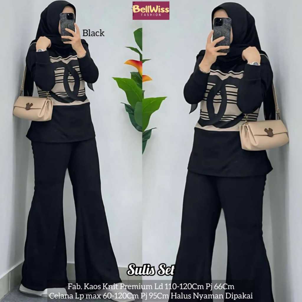 Fashion Baju Setelan Sulis One Set Kaos Terbaru Casual Knit Ld 110 120 Hitam Premium Quality Celana 