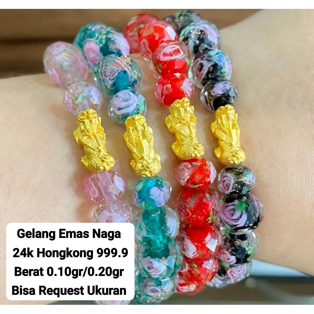 Gelang Emas Asli Naga Pixue 24k Hongkong 999.9 Batu Bunga - Bracelet Gold