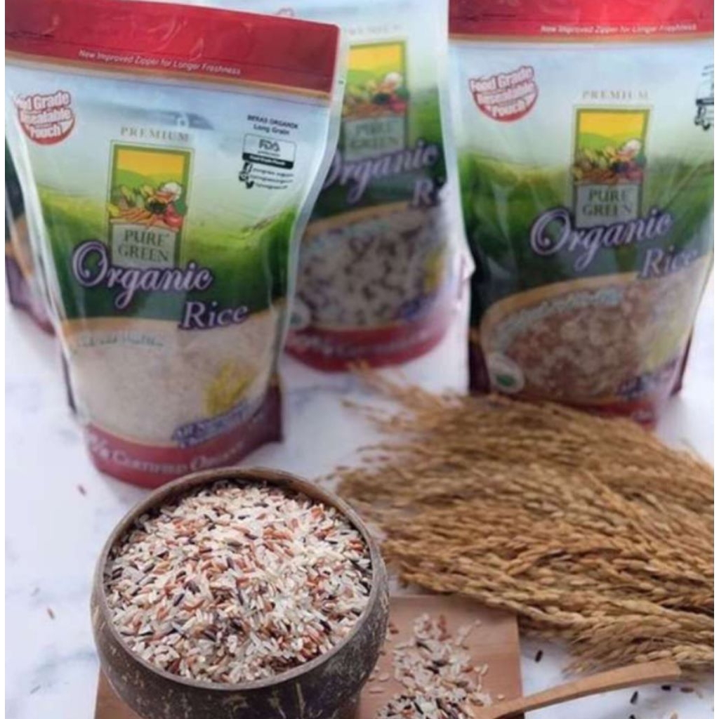 

Pure Green Organic Rice Food Grade Resealabld Pouch All Natural Checmical Free 1kg. Beras Organic Merah (red rice), Beras Organic Pulen Wangi (fragrant rice), Beras Coklat (brown rice), Beras Kombinasi (mixed rice) 1kg