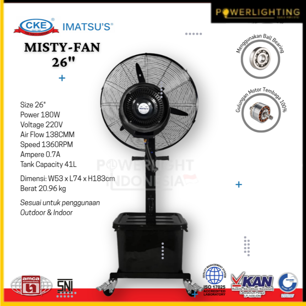 IMATSU Misty Fan 26 Inch – Kipas Angin Kabut Pendingin Air 41L, Daya Kuat 180W, Hemat Energi