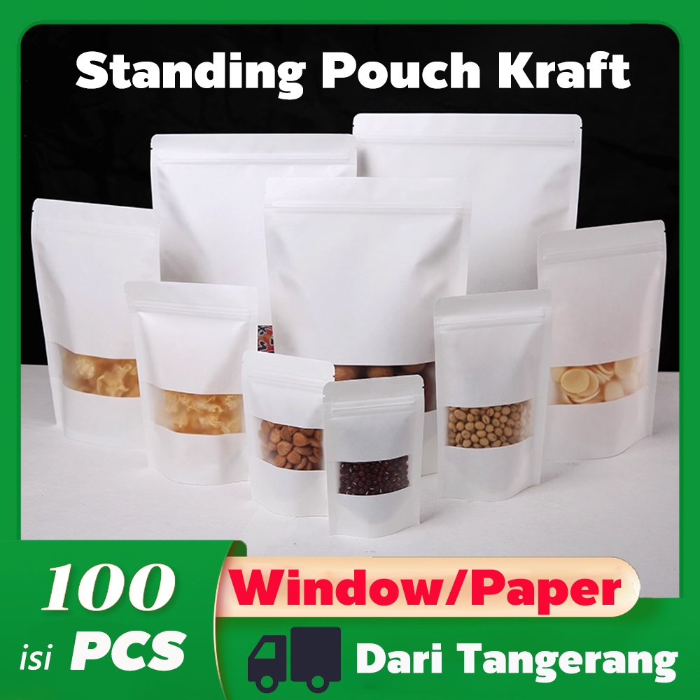 100PCS STANDING POUCH KRAFT WINDOW Plastik Klip Makanan Kemasan Snack Ziplock Food Grade Zipper Bag 