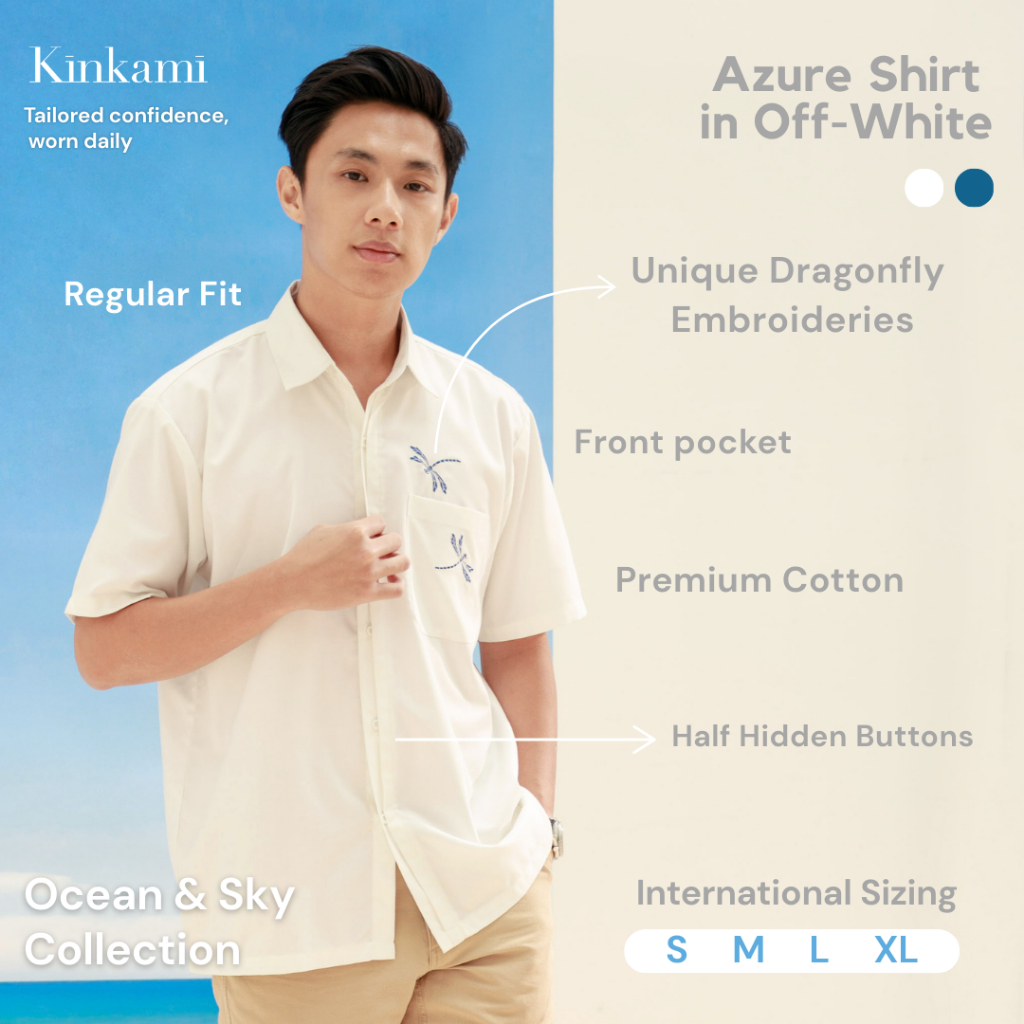 Kemeja Pria Lengan Pendek Premium Bordir | AZURE White Shirt by Kinkami