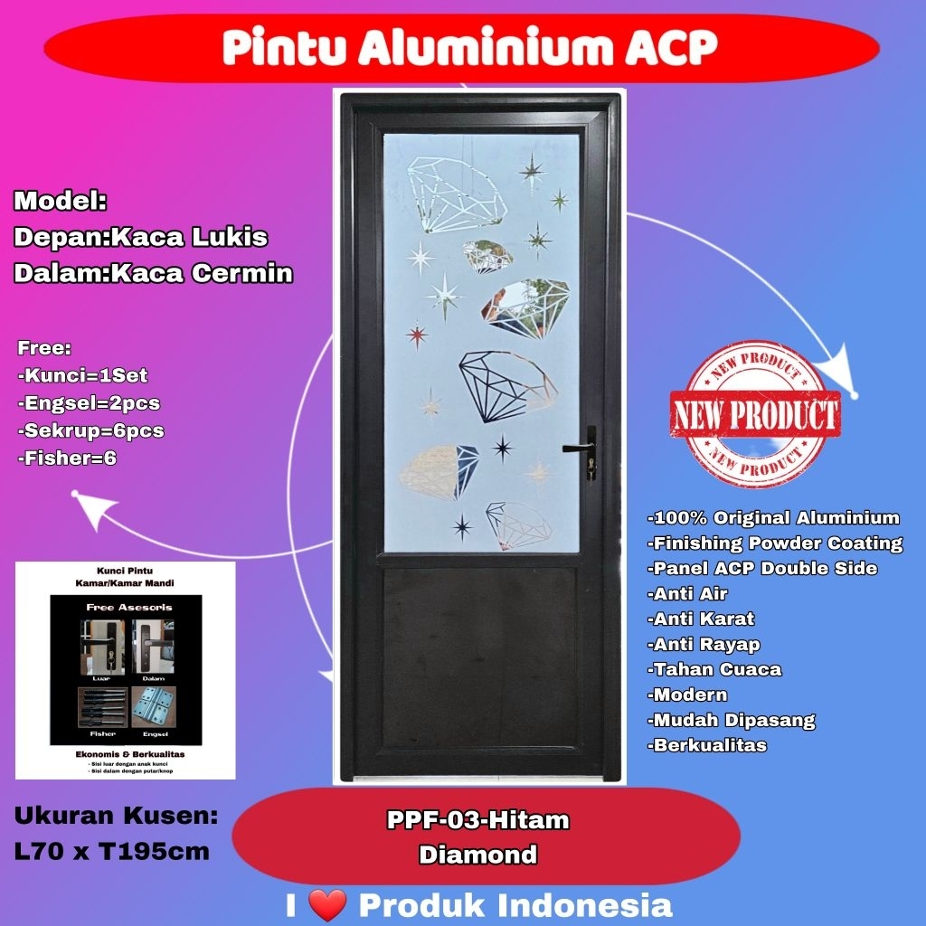 Pintu Kamar Mandi Aluminium-Happy Door-PPF 03-3/4 Kaca Lukis Diamond-Kaca Cermin Dalam-Hitam