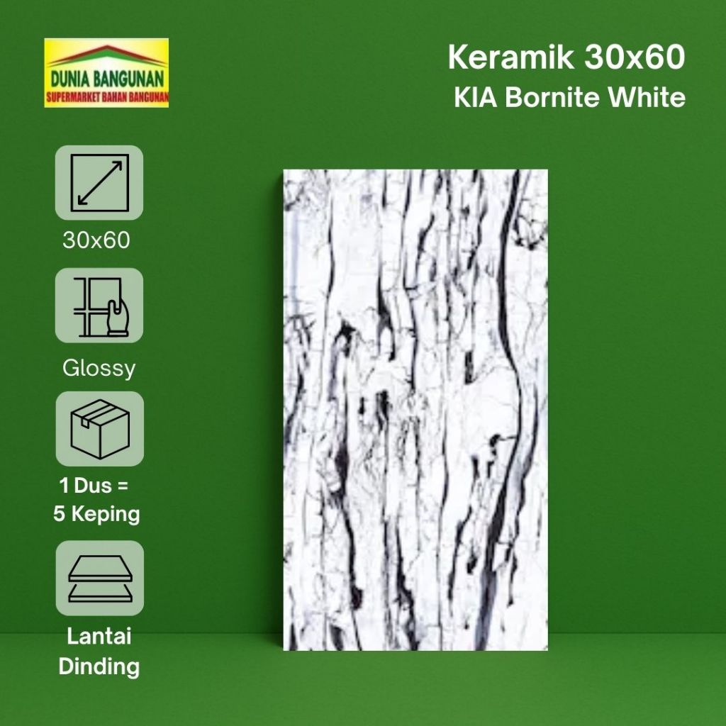 Keramik Dinding 30x60 KIA Bornite White Cutting Keramik Glossy Kamar Mandi Hitam Dapur