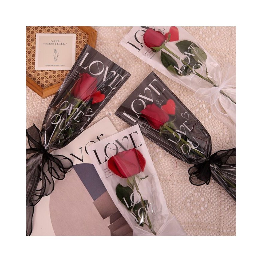 

1Pak Plastik Bunga Satuan LOVE Bening Besar Kecil Kantong Mawar Wrapping Korea