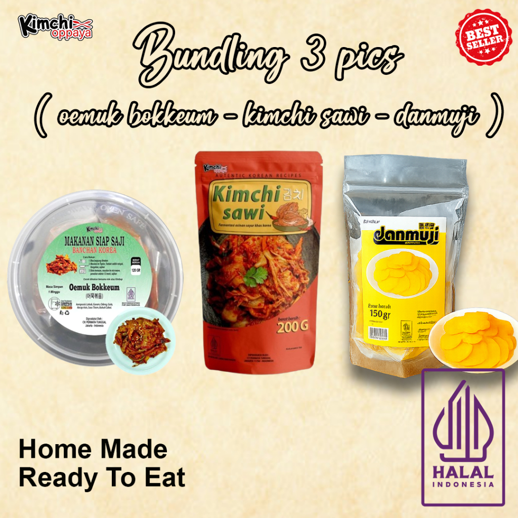 

Bundling 3 Pcs Makanan Korea Halal – Eomuk Bokkeum, Kimchi, Danmuji | Side Dish Korea Fresh Homemade