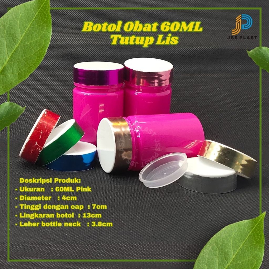 Botol Obat Kapsul 60ML Pink Tutup Putih Lis Pink + Inner