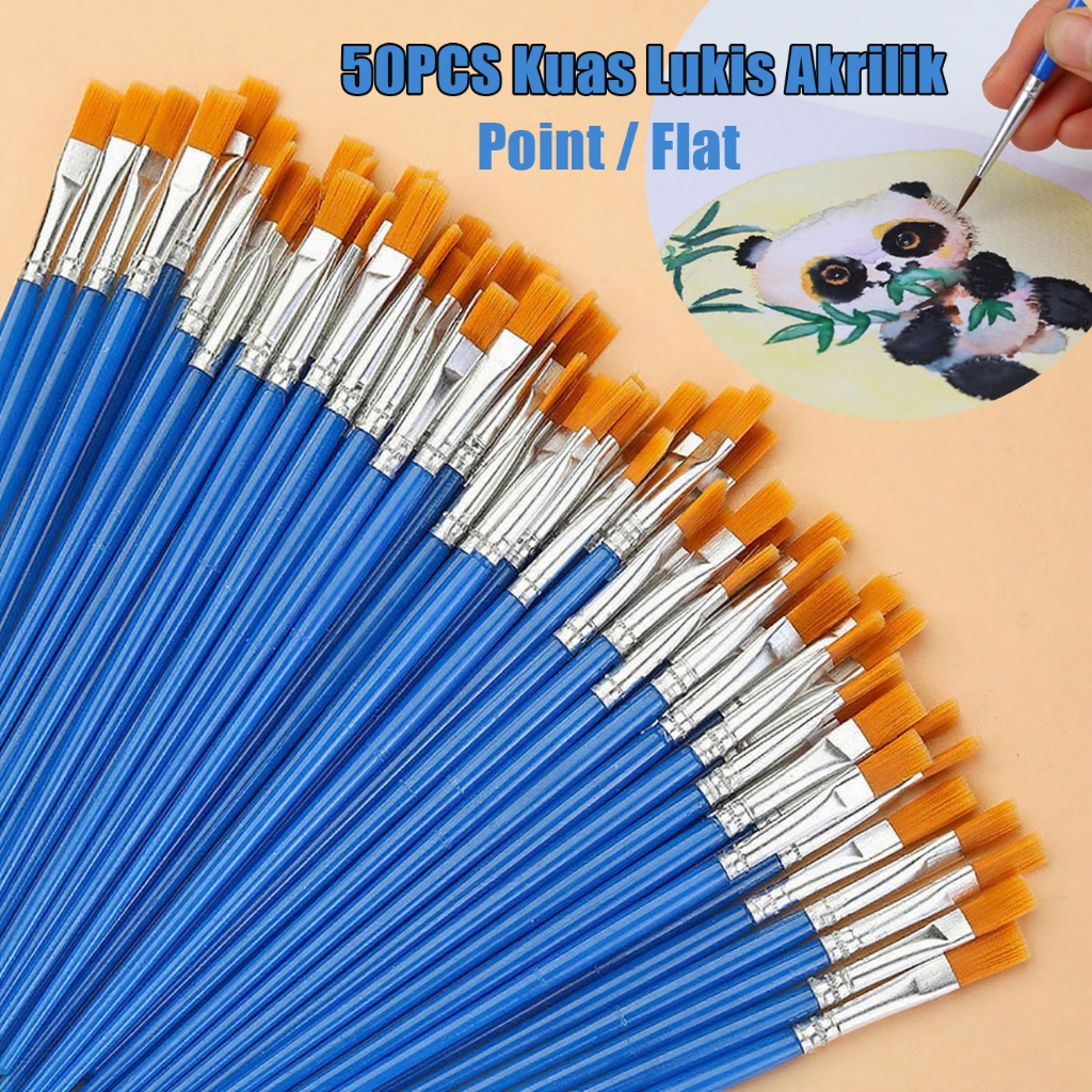 

50Pcs Kuas Lukis Akrilik Flat Tip Sikat Runcing Sikat Kuas Lukis Set Nilon Cat Air Biru Flat Tip Besar Kuas Lukisan