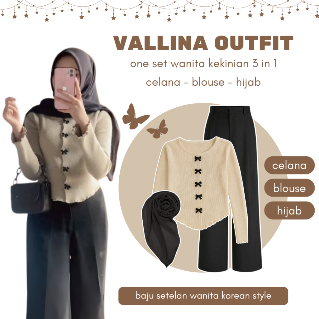 Setelan One Set Remaja Celana Kulot, Atasan Cardigan Ribbon, Hijab Segi Empat | Baju Wanita | DD32N