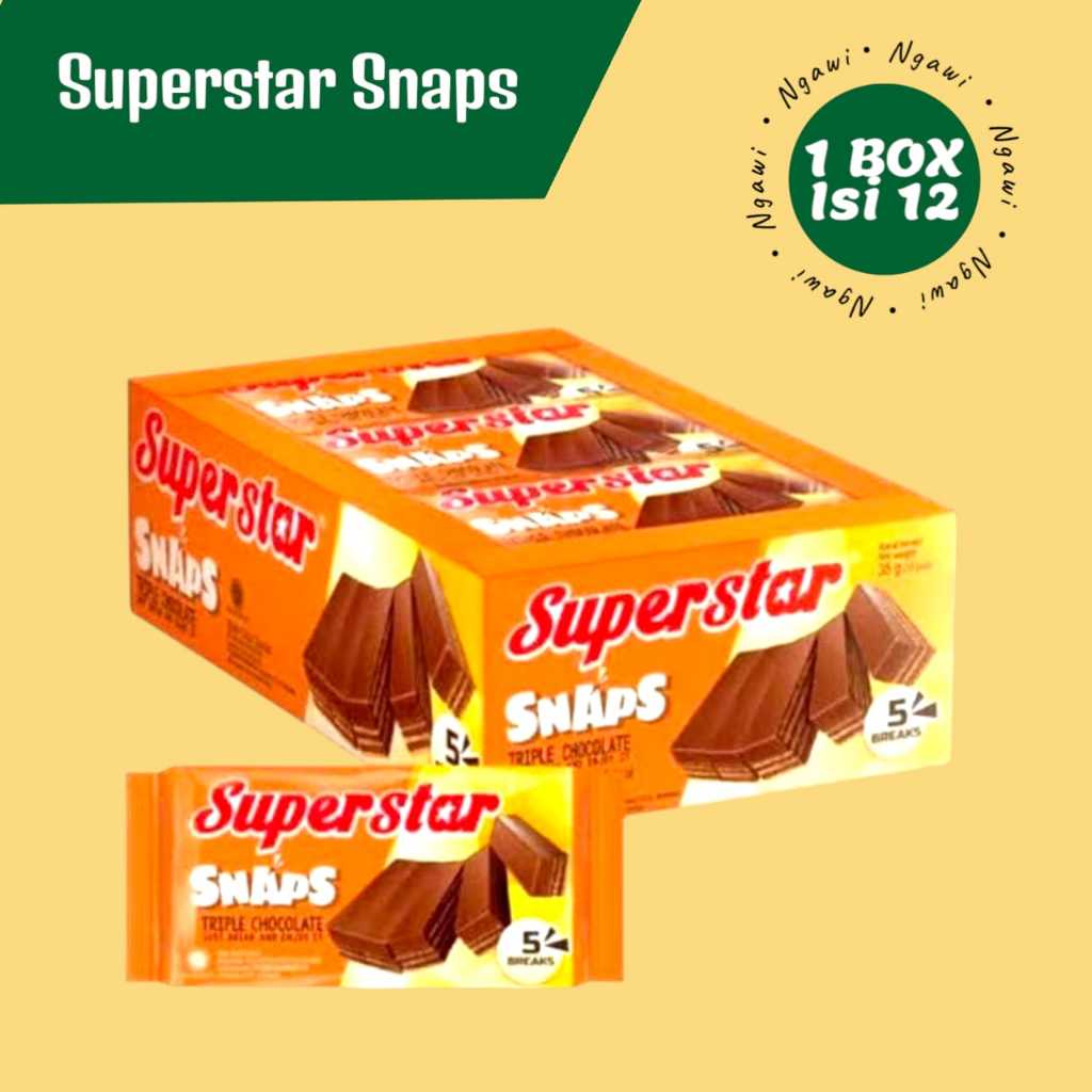 

Superstar SNAPS Wafer Cokelat Box isi 12 pcs, Wafer Snaps, Wafer superstar, wafer oleh oleh ngawi