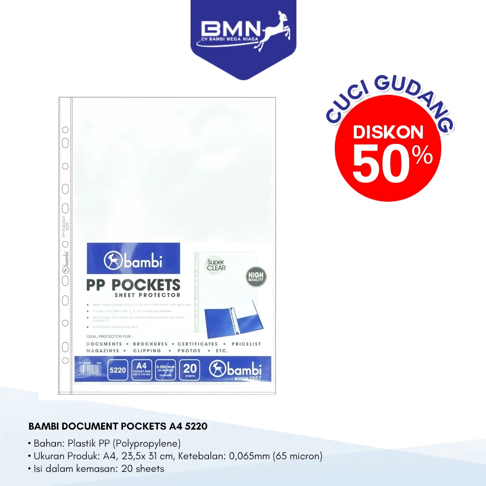 

BAMBI Document PP Pocket Transparant A4 Ketebalan 0.06 mm - 5220 ( CUCI GUDANG )
