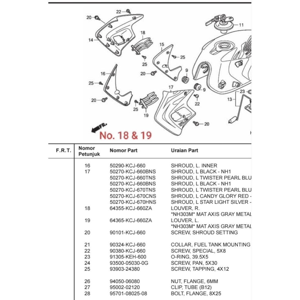 Louver kanan dan kiri (Cover sirip kuping tangki) untuk motor Tiger Revo number part 64355KCJ660ZA &