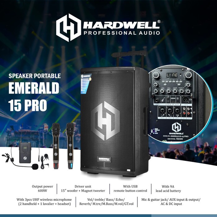 speaker aktif portabel bluetooth HARDWELL EMERALD PRO 15 speaker wereles karaoke sistem
