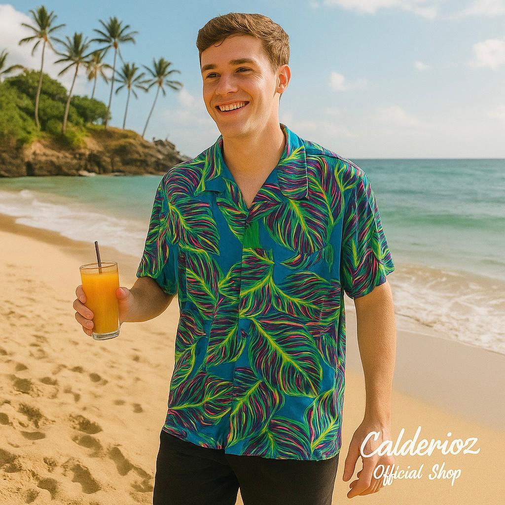 Calderioz - Kemeja Hawai Tropis Motif Hijau Daun Lengan Pendek Pria Wanita Outfit Summer Santai