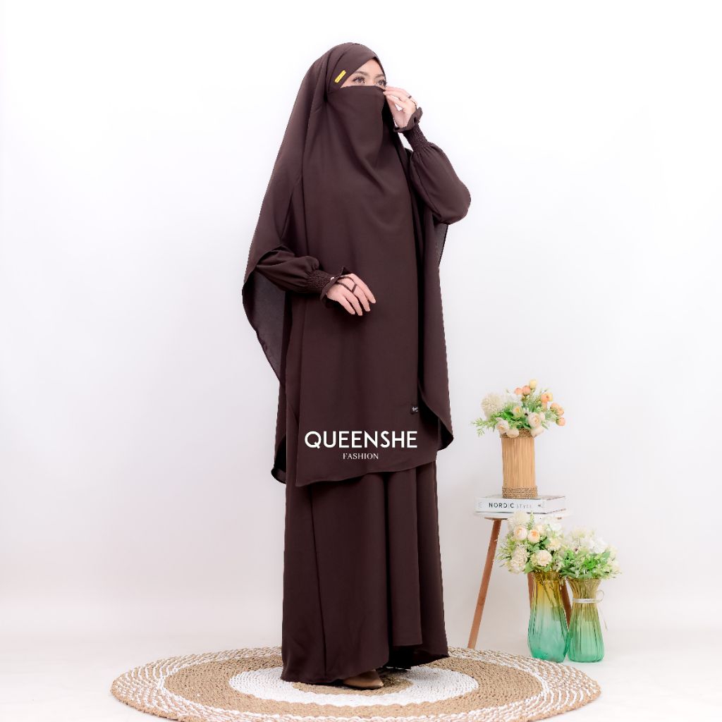 Gamis french khimar SYAHIRA SET  bahan sabrina ANTI UV , gamis umroh gamis syar'i .