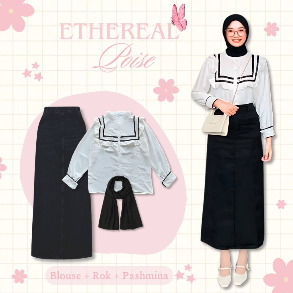 LILI Set 3in1 Kece Blouse + Rok Jeans + Pashmina OOTD Hijab Wanita Kece Modist Kekinian - KR13