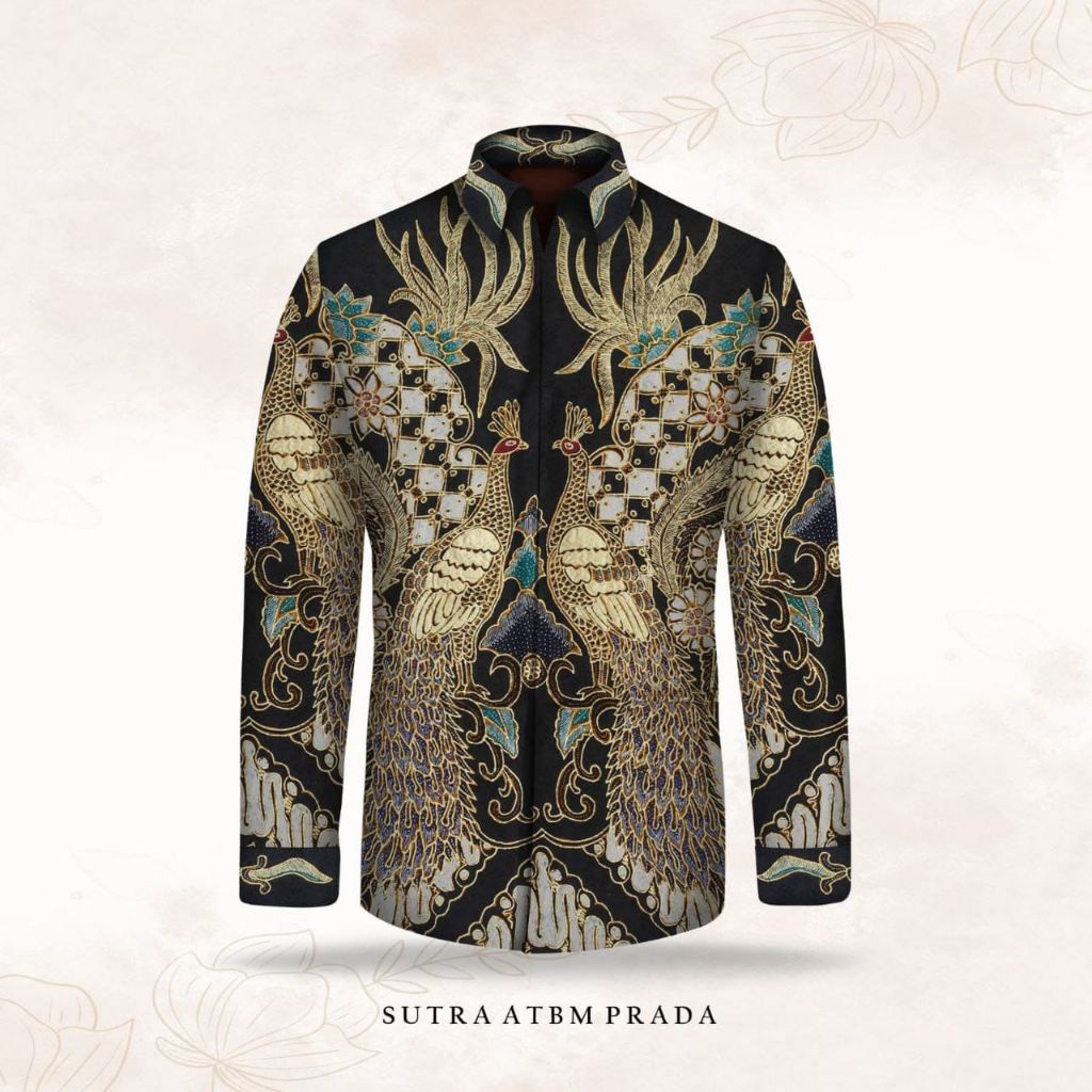 kain batik tulis pria bahan sutera prada warna hitam. batik tulis prada emas. er