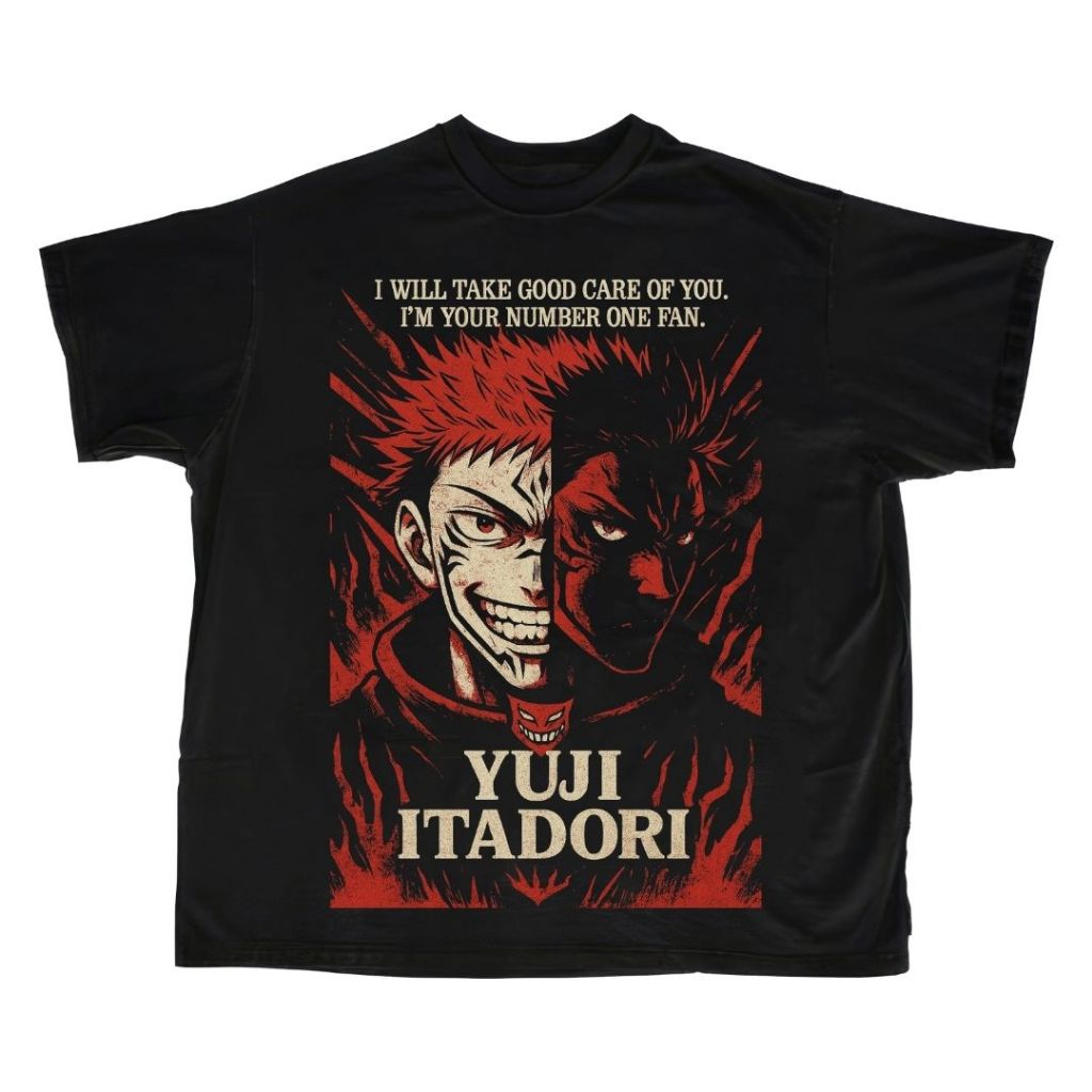 Psycho Crucify "Yuji Itadori" A2 Print Oversized T-Shirt | Black | Kaos Oversize | Vintage | Atasan 