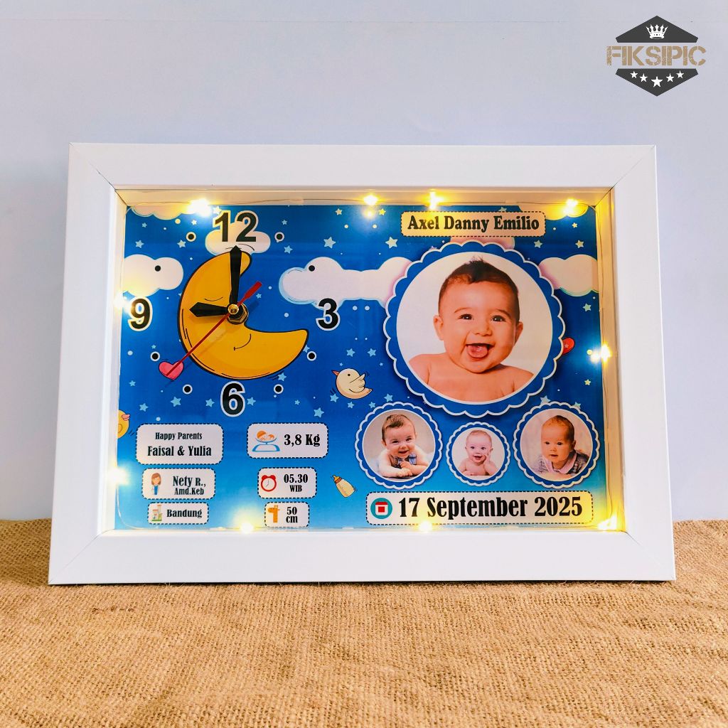 biodata bayi jam dinding custom kado lahiran bayi frame 3D dengan lampu 21x30cm bio baby  | Fiksipic