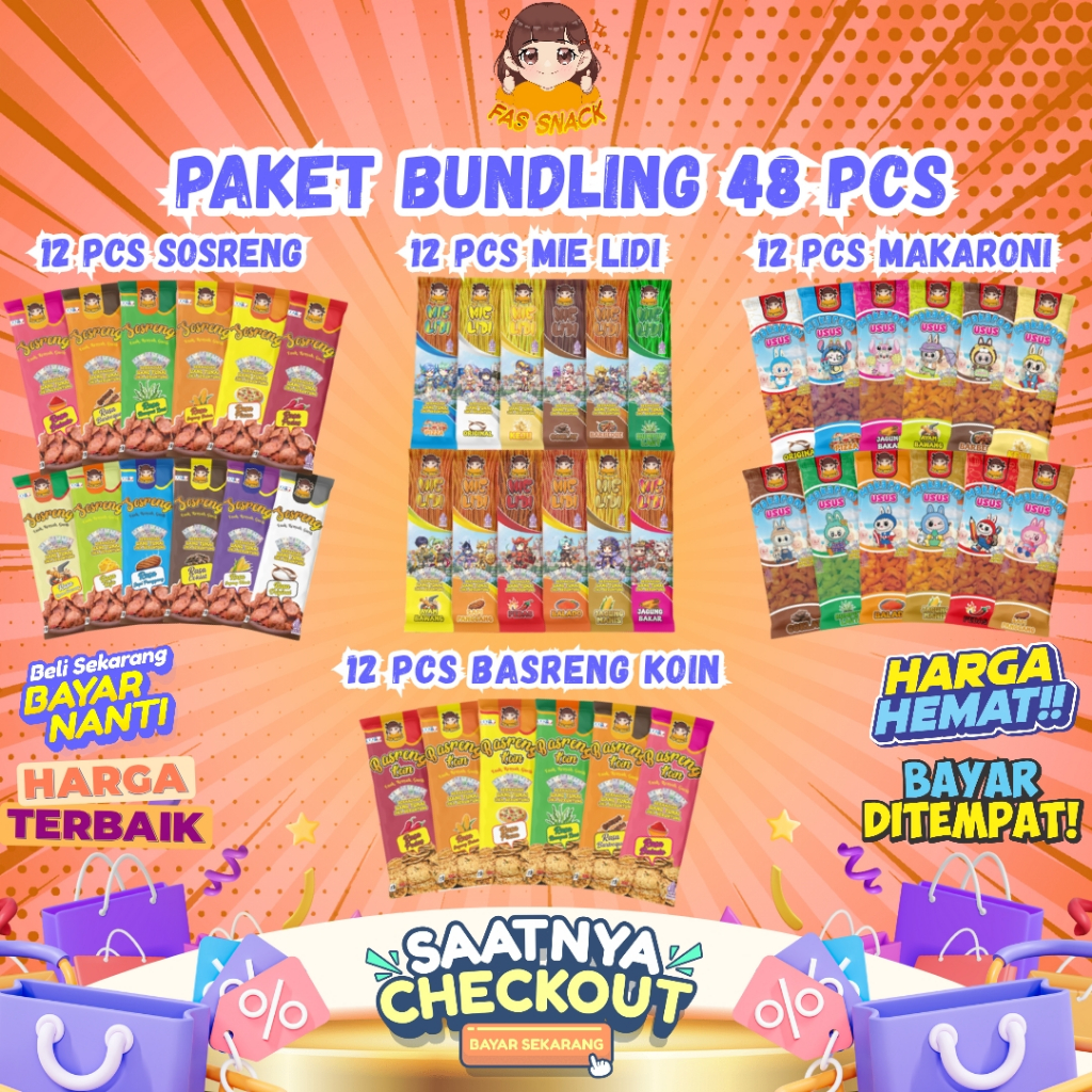 

Paket bundling 48 pcs ( 1 pack sosreng, 1 pack makaroni, 1 pack mie lidi, 1 pack basreng coin ) viral