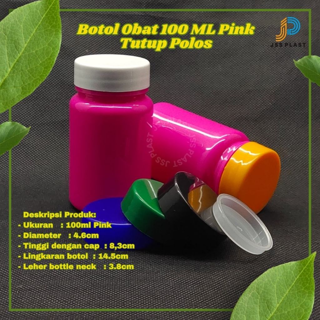 Botol Obat 100ML Pink Tutup Putih Polos + Inner