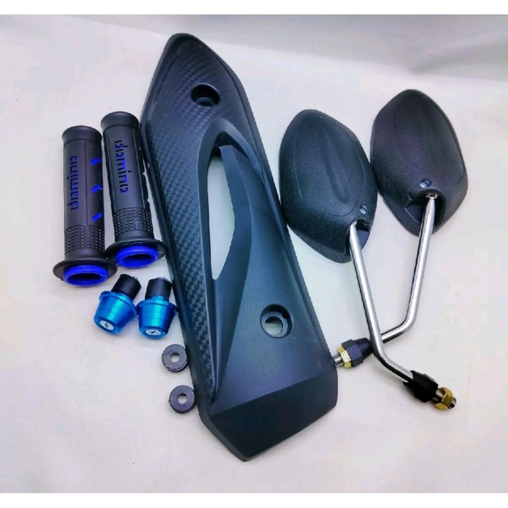 satu set spion beat tangkai chrome standar + cover knalpot beat karbu beat old +handgrip sisik biru+