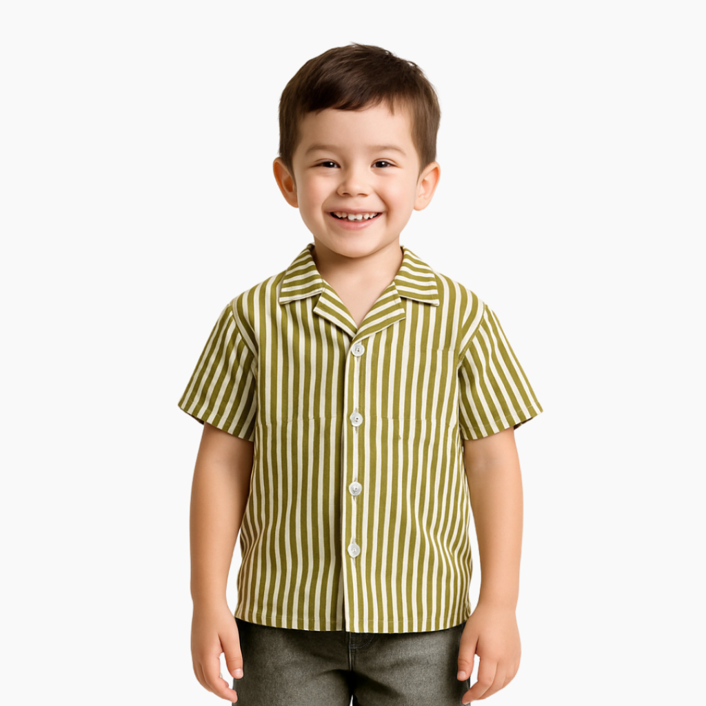 Bronkis Junior Kemeja Anak Laki Laki Lengan Pendek Premium Rayon Warna Putih Gold Motif Stripe Salur