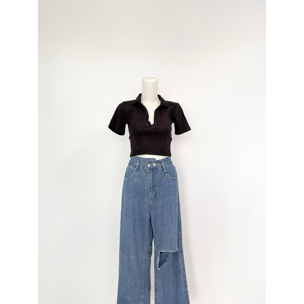 pl. crop top kemeja pendek kerah Zara