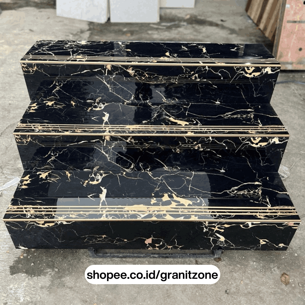 Granit Step Nosing Tangga Glossy Hitam Gold 30x80-120 | ANTI SLIP | READY SET
