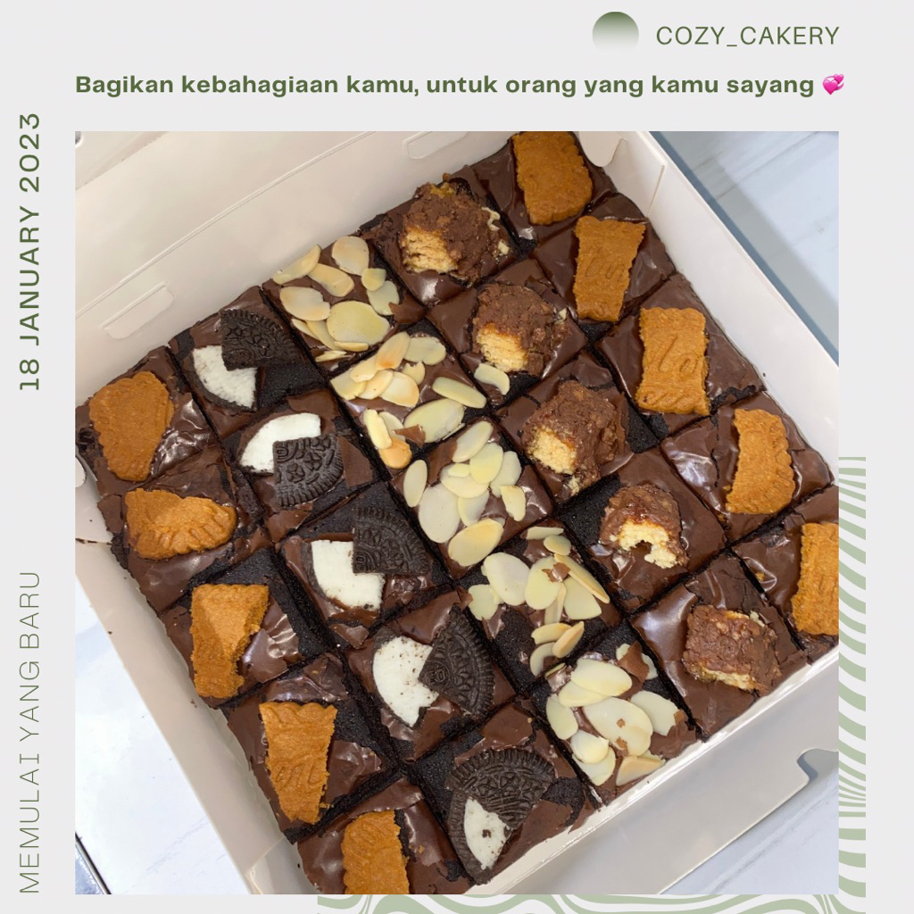 

Brownies Cozy cakery lotus oreo almond kacang beng beng isi 25 / 30 sekat cokelat kue ulang tahun