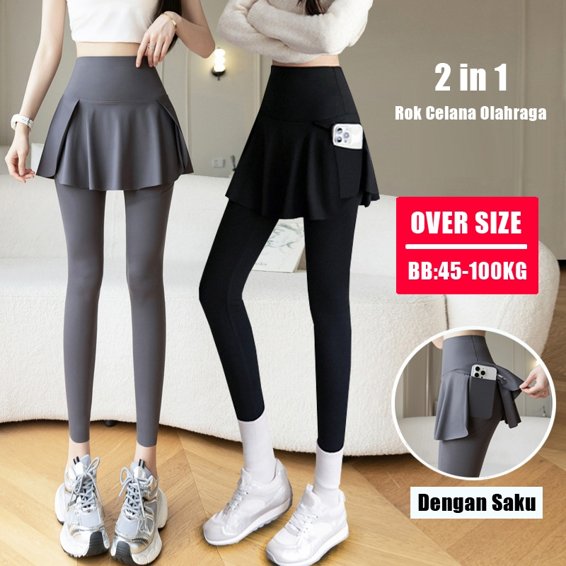 Rok Celana Yoga Wanita 2 in 1 | Legging Olahraga Muslimah High Waist Polos Hitam | Big Size Panjang 