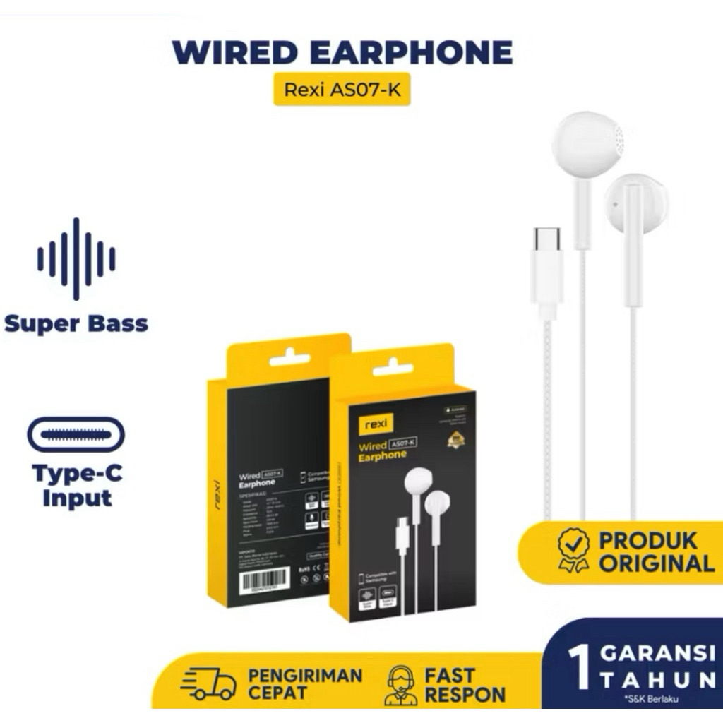 Rexi AS07-K Earphone Type-C Super Bass Luxury Disegn , Headset Type-C AS07
