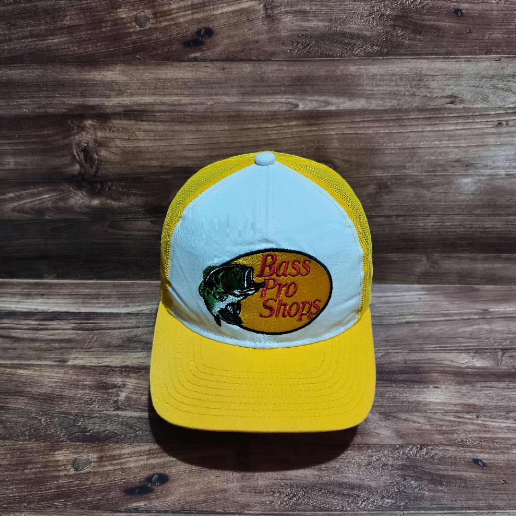 Trucker hat bass pro shops yellow logo bordir
